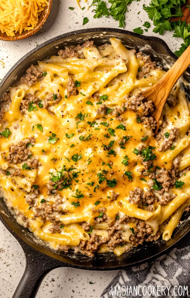 Cheesy Ground Beef Pasta Skillet Wasian Cookery